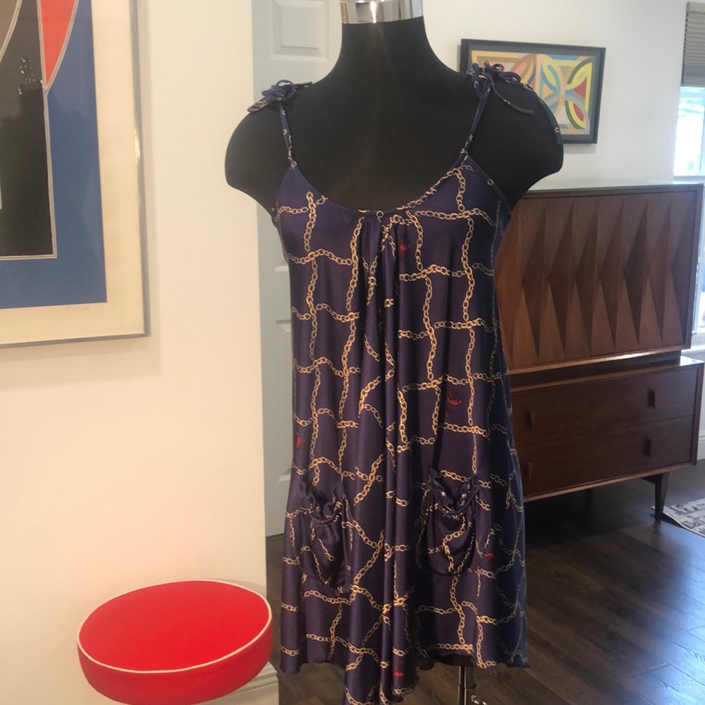 Adorable Julie Brown 100% SILK dress with golden yellow chain & red bee pattern!